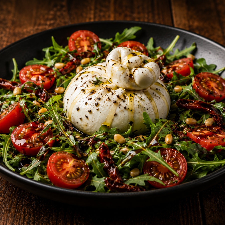 Carta de platos y bebidas de Terracotta: ensalada de burrata
