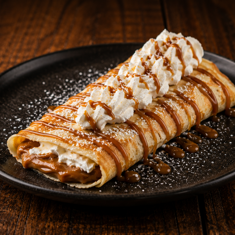 Carta de platos y bebidas de Terracotta: Panqueque argentino con dulce de leche